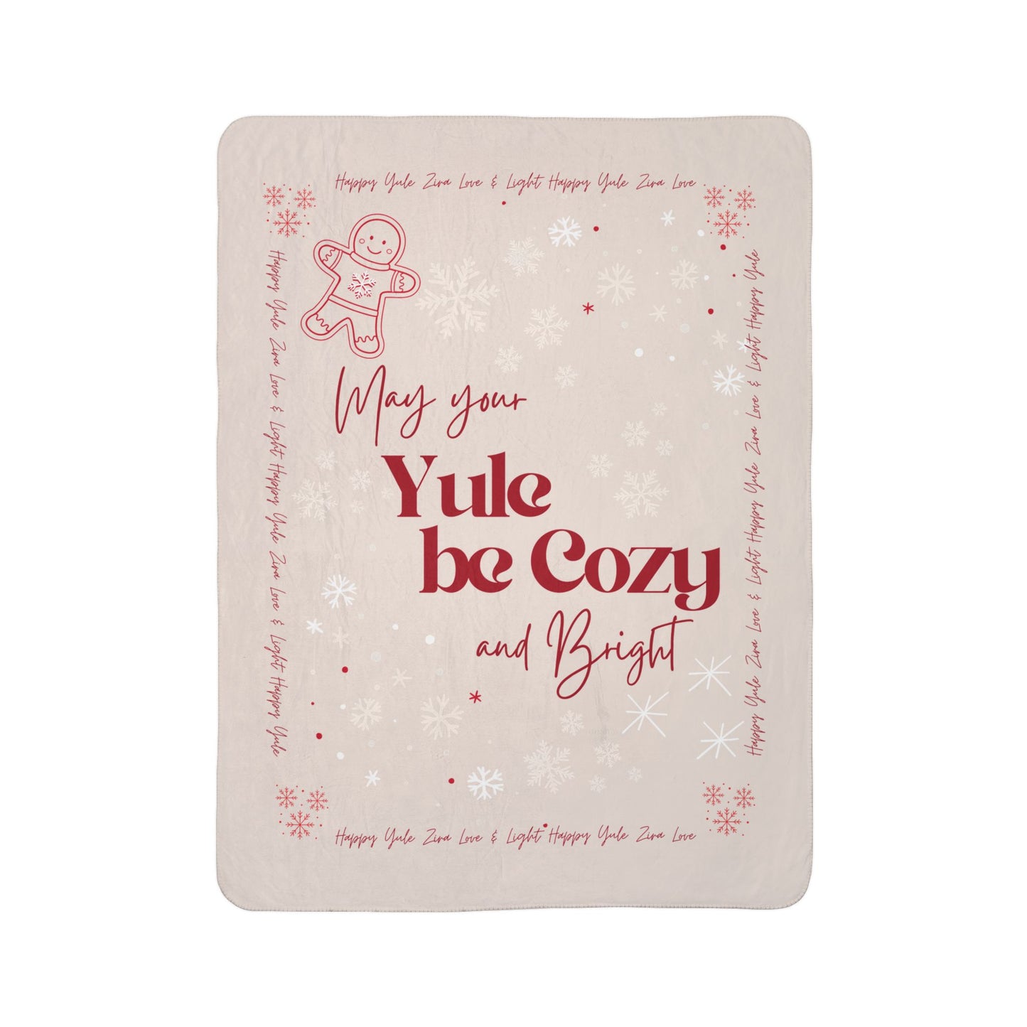 "May Your Yule be Cozy and Bright" Cozy Sherpa Blanket — Christmas Holiday Fleece Throw with Gingerbread Design