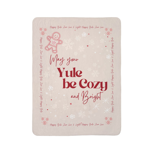 "May Your Yule be Cozy and Bright" Cozy Sherpa Blanket — Christmas Holiday Fleece Throw with Gingerbread Design