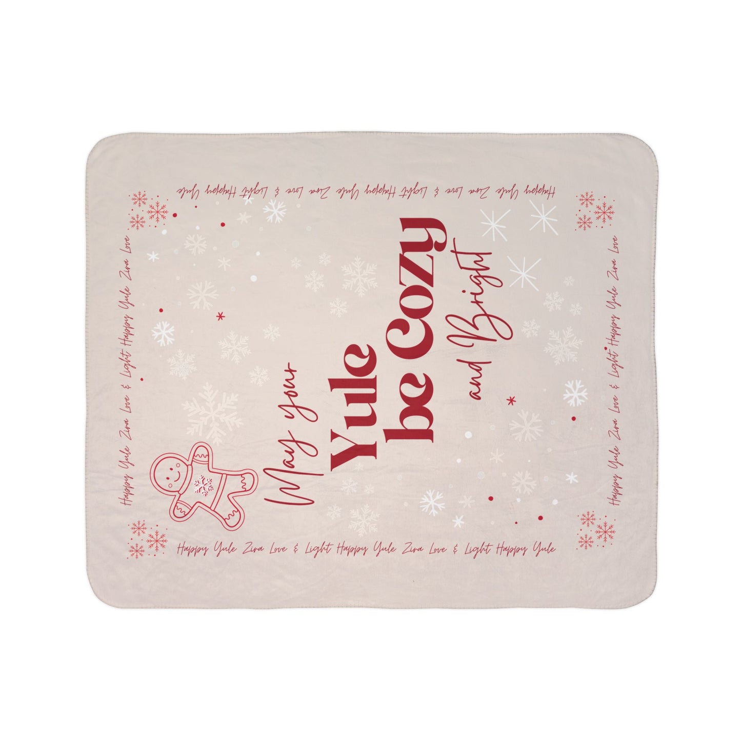 "May Your Yule be Cozy and Bright" Cozy Sherpa Blanket — Christmas Holiday Fleece Throw with Gingerbread Design