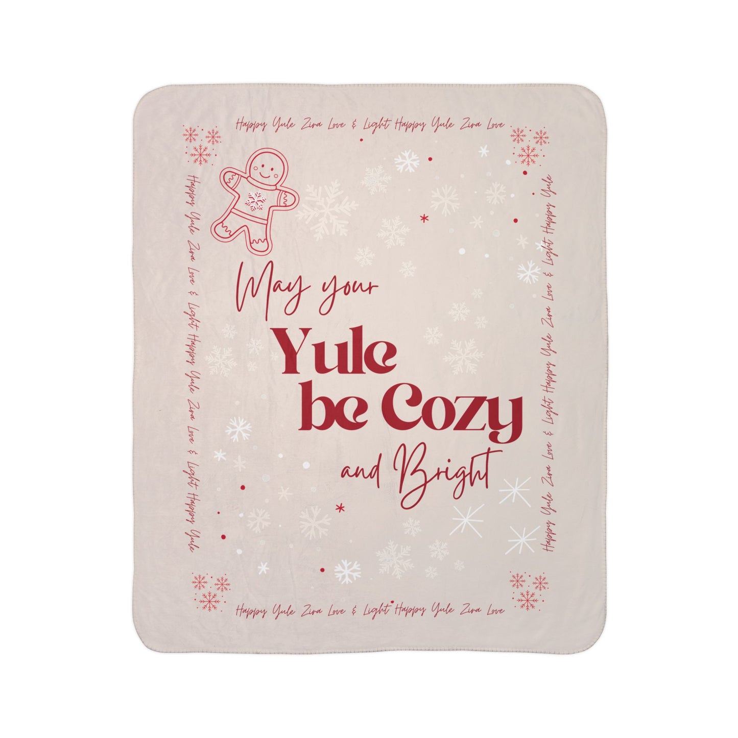 "May Your Yule be Cozy and Bright" Cozy Sherpa Blanket — Christmas Holiday Fleece Throw with Gingerbread Design