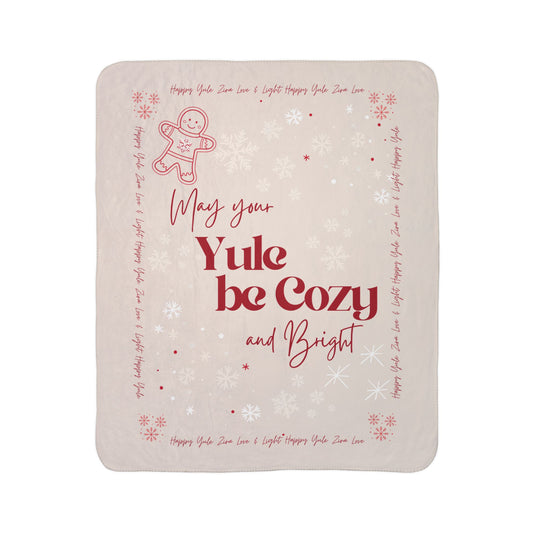 "May Your Yule be Cozy and Bright" Cozy Sherpa Blanket — Christmas Holiday Fleece Throw with Gingerbread Design